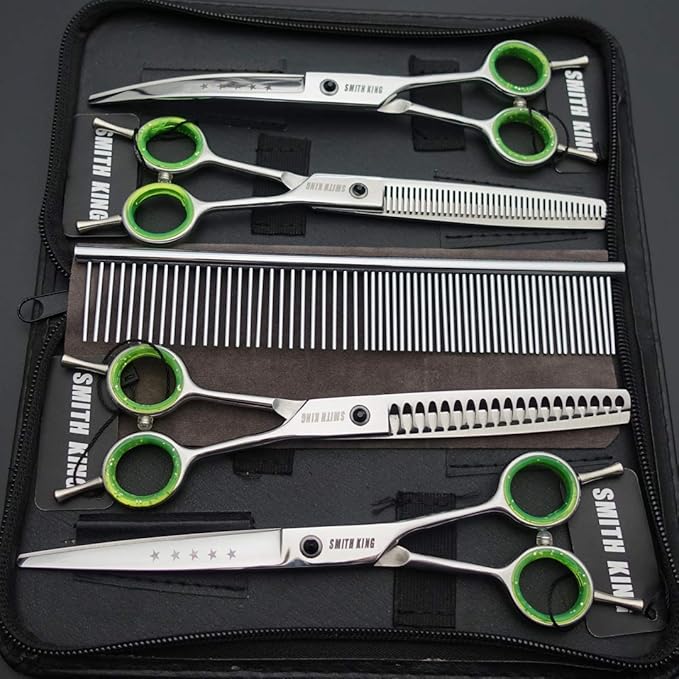 7.0 inches Professional Dog Grooming Scissors Set Straight & thinning & Curved & chunkers & comb 5pcs in 1 Set for left-handed & right handed