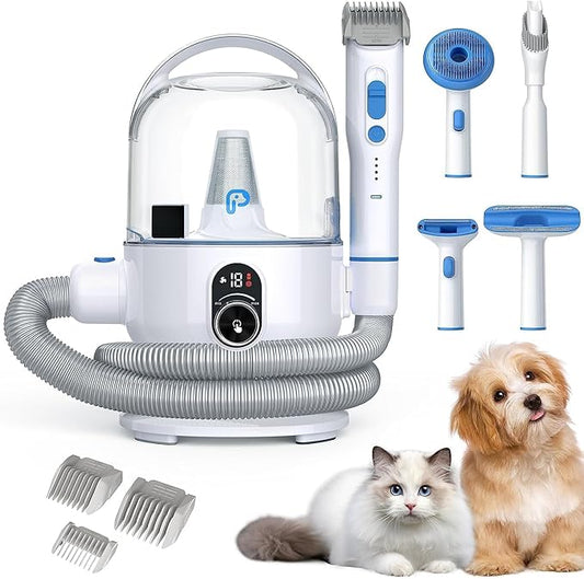 IDEALHOUSE Dog Hair Vacuum and Grooming Kit, 2L Dust Cup with 5 Grooming Tools, High Suction Power for Shedding Pet Hair, Low Noise for Stress-Free Grooming, Home Cleaning, White and Blue