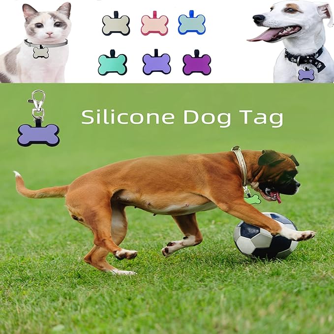 6 Pack Original Silent Bone Design Silicone Pet Tag,Personalized ID Dog Tags,with Double Blank Sides to Engrave,6 Popular Colors in One Set