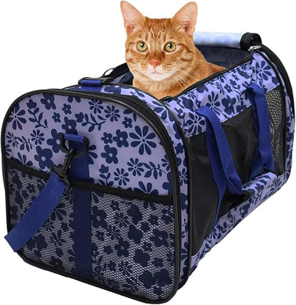 Soft-Sided Kennel Pet Carrier for Small Dogs, Cats, Puppy, Airline Approved Cat Carriers Dog Carrier Collapsible, Travel Handbag & Car Seat (Large: 19" x 11" x 11", Floral Print Blue)