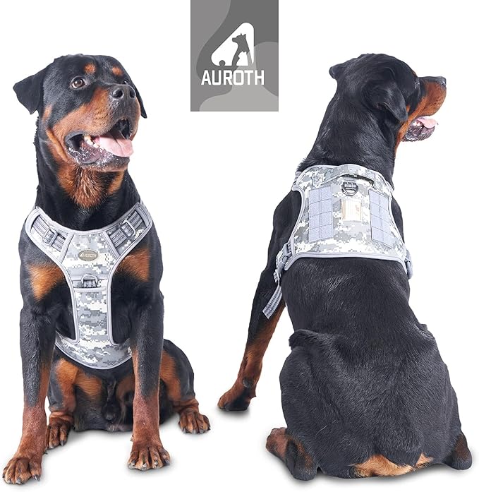 AUROTH Tactical Dog Harness for Small Medium Large Dogs No Pull Adjustable Pet Harness Reflective K9 Working Training Easy Control Pet Vest Military Service Dog Harnesses Large Grey Camo
