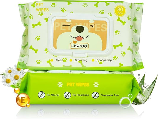 Unscented Hypoallergenic Pet Wipes - Deodorizing Cleaning Wipes for Dogs & Cats, Alcohol-Free & pH Balanced, Thick & Large Wipes for Paws, Body, Bum & Face, 80 Count