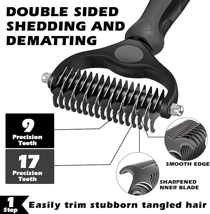 3PCS Self Cleaning Slicker Brush & Pet Grooming Rake & Flea Comb for Dogs,Cats and Horses | Double-Sided Dematting Comb & Skin Friendly Deshedding Grooming Tool | Premium Pet Supplies（Gray Black)