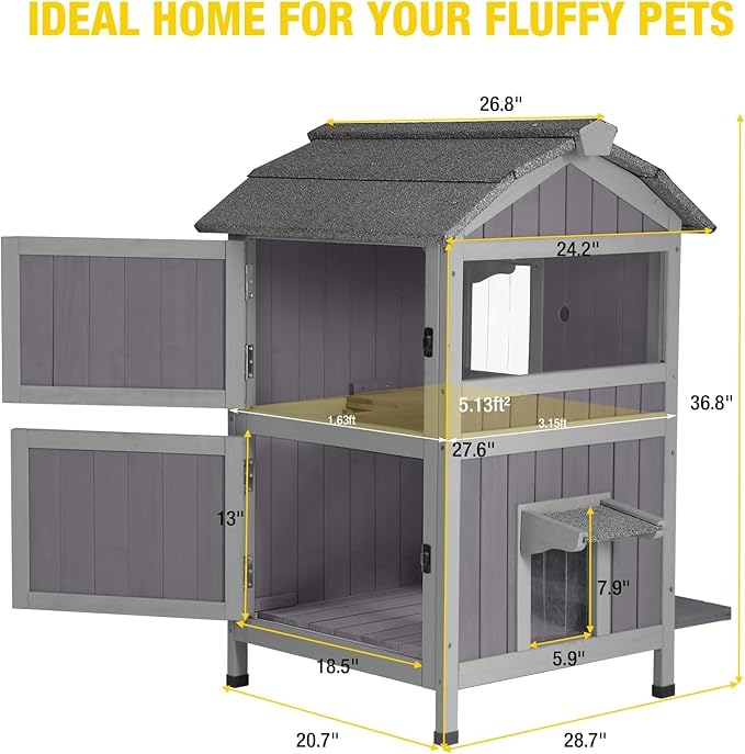 Aivituvin Outdoor Cat House Insulated Two Story Feral Cat Shelter Weatherproof Cat Enclosure for Winter with Escape Doors