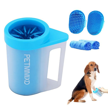 Dog Paw Washer with Handle, Absorbent Towels & Adjustable Bath Brush for Short and Long Hair, Muddy Foot Cleaner (Blue, Medium)