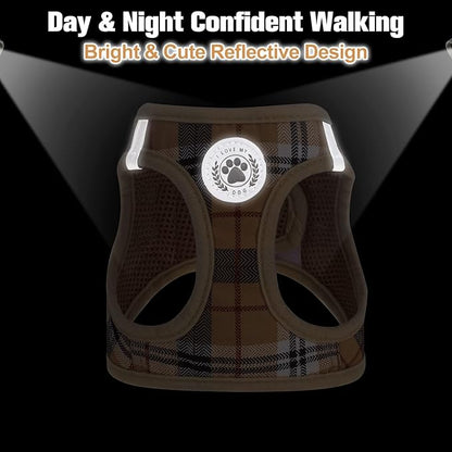 BEAUTYZOO Small Dog Harness and Leash Set,Step in No Chock No Pull Soft Mesh Dog Harnesses Reflective for Extra-Small/Small Medium Puppy Dogs and Cats, Plaid Dog Vest Harness for XS S Pets, Beige XL