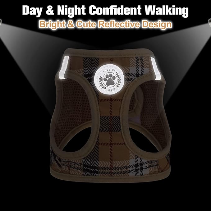 BEAUTYZOO Small Dog Harness and Leash Set,Step in No Chock No Pull Soft Mesh Dog Harnesses Reflective for Extra-Small/Small Medium Puppy Dogs and Cats, Plaid Dog Vest Harness for XS S Pets, Beige L