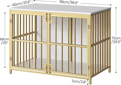 HOOBRO 38.6" Dog Crate Furniture, Wooden Dog Kennel Indoor, Chew-Resistant Heavy Duty Dog Cage for Small/Medium Dog, Decorative Side End Table, White and Gold DW100GW03