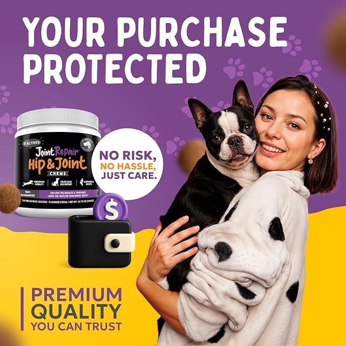Finest For Pets Joint Repair Hip and Joint Chews for Dogs Glucosamine, Chondroitin, MSM, Hemp, Omega 3 & Turmeric for Dog Joint Support, Mobility & Pain Relief - (120 Chicken Chews, Made in USA)
