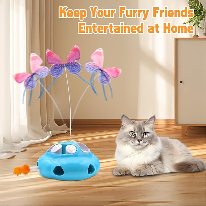 Interactive Cat Toys for Indoor Cats, 4in1 Pet Teaser Toy with Ambush Feather Wand, Motorized Fluttering Butterfly and Slow Feeder, Rechargeable Power Treat Puzzle Toy(Blue)
