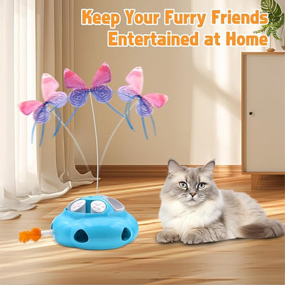 Interactive Cat Toys for Indoor Cats, 4in1 Pet Teaser Toy with Ambush Feather Wand, Motorized Fluttering Butterfly and Slow Feeder, Rechargeable Power Treat Puzzle Toy(Blue)
