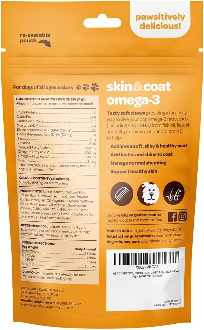 Skin and Coat Supplement for Dogs | Nourishing Omega 3 for Dogs with EPA DHA Krill Oil and Vitamin E | Dog Skin and Coat Supplement | 1 Chew up to 75lbs | NASC Certified & Made in The USA | 90 Chews