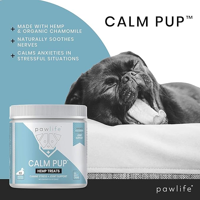 Organic Hemp Oil Infused Calming Chews for Dogs Anxiety - Dogs Essentials for Relief from Travel, Thunder, Separation, Barking, and Fireworks, Joint Pain, Arthritis, Pain Support - Pawlife Calm Pup