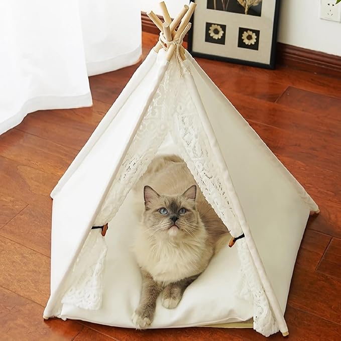 Dog Tent Bed, Portable Pet Teepee for Small Dogs and Cats, Removable & Washable Indoor House With Cozy Cushion, Bunny Outdoor Tent (White Lace, L)