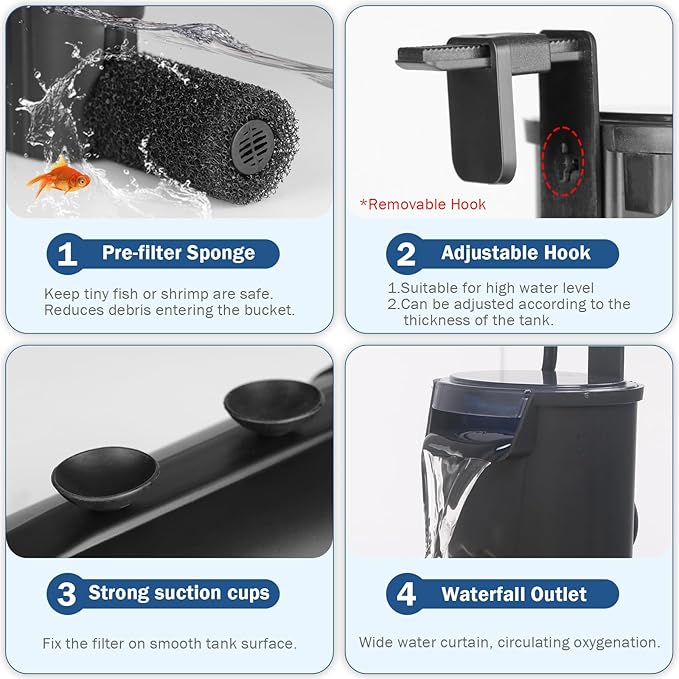 Turtle Tank Filter Aquarium Internal Filter for 3 to 20 Gallon Fish Tank, Bio-Filtration Low Water Level Small Power Canister Filter, Frog Shrimp Newt Betta Water Clean, Hang On Back Waterfall Quiet