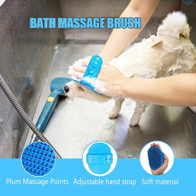 5-in-1 Grooming Kit - Supplies for Short and Long Hair Dogs, Bath Brush, Dematting Rake and Comb (Set of 5, Blue)