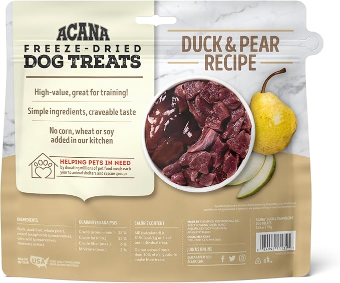 Singles Freeze Dried Dog Treats, Limited Ingredient Grain Free Duck & Pear Recipe, 1.25oz