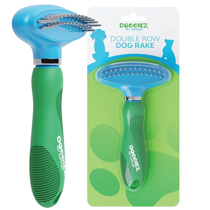 Double Row Dog Rake Deshedding Comb for Matted Hair - Top Fur & Undercoat Deshedding Brush for Dogs & Cats, Long Hair & Short - Undercoat Rake Brush for Shedding - Grooming Tool