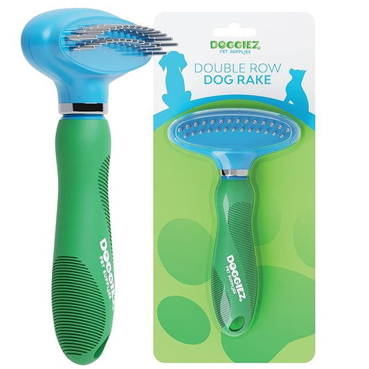 Double Row Dog Rake Deshedding Comb for Matted Hair - Top Fur & Undercoat Deshedding Brush for Dogs & Cats, Long Hair & Short - Undercoat Rake Brush for Shedding - Grooming Tool