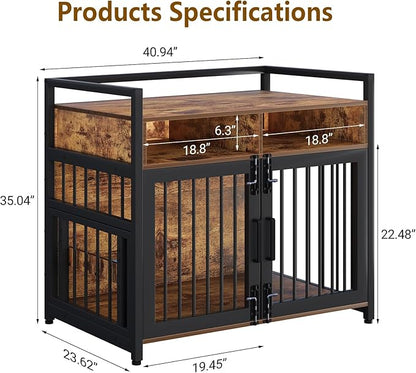 41 Inch Large Dog Crate Furniture for Large Dogs, Heavy Duty Kennel with 2 Drawers Storage, 360° Adjustable Raised Feeder, Wooden Dog Cage Indoor House End Table for Dogs
