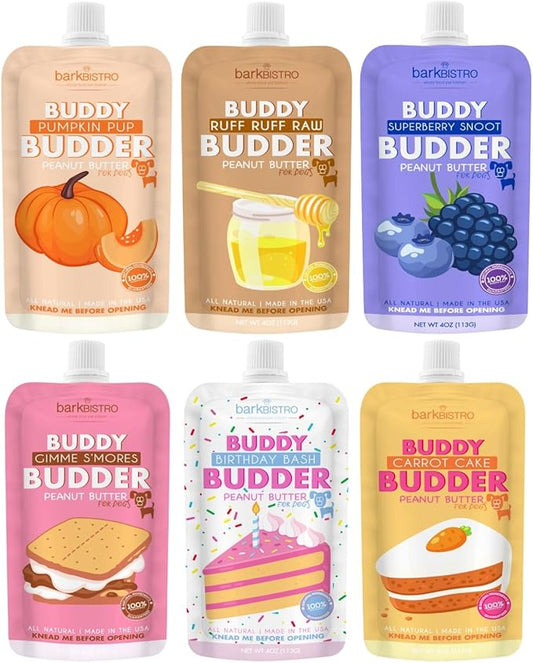 BUDDY BUDDER 6 Pack Mixed Flavor Squeeze Packs, 100% Natural Dog Peanut Butter, Healthy Peanut Butter Dog Treats, Made in USA, (4oz Packs)