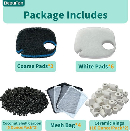 16 Pcs Fit AMOSIJOY 172/225/265GPH Aquarium External Filter and Coospider-repta 172/225/265GPH Aquarium Filter, 6 White Floss, 2 Coarse Filter Pads, 2 Coconut Shell Carbon, 2 Ceramic Rings &4 Mesh Bag