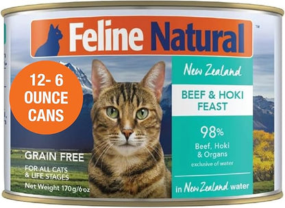 Feline Natural Wet Cat Food Pate, Beef & Hoki Feast, 6 Oz Cans (Pack of 12), Grain Free, Made in New Zealand with Grass-Fed and Finished Beef and Sustainably Caught Hoki Fish