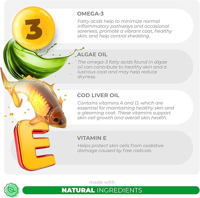 Omega 3 Fish Oil for Dogs - Skin & Coat Supplement with Cod Liver Oil, Algae, EPA & DHA Fatty Acids for Dog Shedding, Itch Relief, Hot Spots, Skin Allergy, Joint & Heart Support - 90 Soft Chews