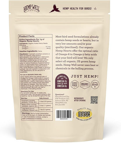 Hemp Well Organic Hemp Hearts –Reduces Feather Plucking, Promotes Relaxation, Immune Support, Organically Sourced, USA Grown, GMO Free – 1 Pound Bag