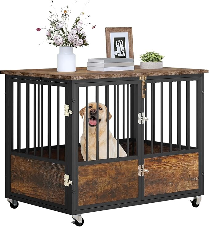 YITAHOME 38" Dog Crate Furniture with Wheels, Heavy Duty Wood Dog Cage Table with Double-Doors Chew-Resistant Wooden Dog Kennel Indoor for Large and Medium Dogs Rustic Brown