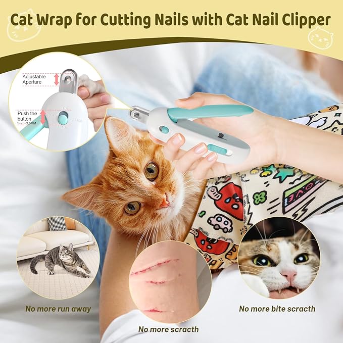 Cat Wrap for Grooming, Self-Adhesive Cat Swaddle Wrap with Nail Clipper, Soft Calming Pet Blanket Anti-Escape Grooming Bag for Cats and Dogs Up to 11lbs (Animal 2)