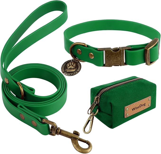 Wisedog Dog Collar and Leash Set, Waterproof Adjustable Puppy Collars with Cute Tag 6FT Dog Leash with Poop Bag for Small Medium Large Dogs (XL, Deep Green)