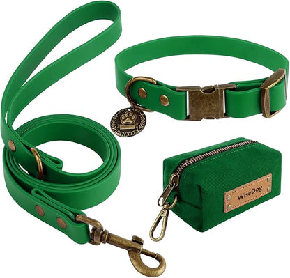 Wisedog Dog Collar and Leash Set, Waterproof Adjustable Puppy Collars with Cute Tag 6FT Dog Leash with Poop Bag for Small Medium Large Dogs (XL, Deep Green)