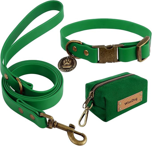 Wisedog Dog Collar and Leash Set, Waterproof Adjustable Puppy Collars with Cute Tag 6FT Dog Leash with Poop Bag for Small Medium Large Dogs (XL, Deep Green)
