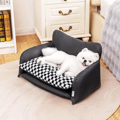 BurgeonNest Cat Couch Bed & Dog Sofa Bed for Small Dogs & Cats up to 15lbs, Double Layer Cushion Extra Comfort, Leather & Plush Material Scatch-Resistant, Waterproof, Black