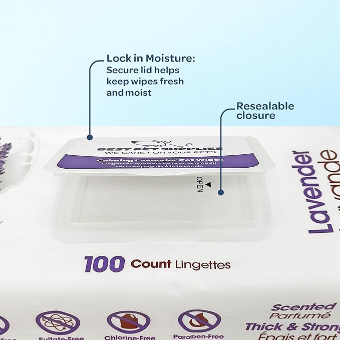 Best Pet Supplies Pet Wipes for Dogs - Dog Wipes Cleaning Deodorizing, for Coats, Ears, Paws - Calming Lavender, Aloe Vera, 100 Count