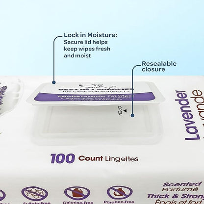 Best Pet Supplies Pet Wipes for Dogs - Dog Wipes Cleaning Deodorizing, for Coats, Ears, Paws - Calming Lavender, Aloe Vera, 100 Count