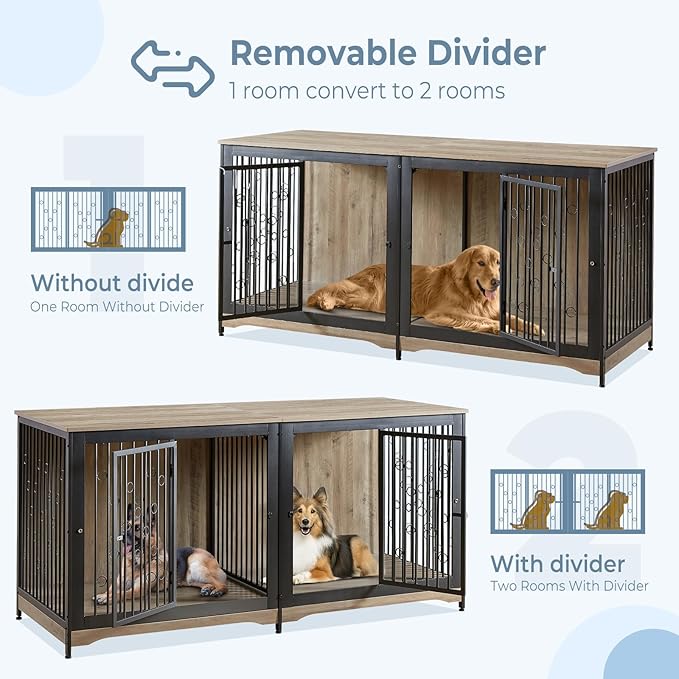 71'' Dog Crate Furniture for 2 Dogs, Wooden Double Dog Crate Large Breed with Door, XXL Indoor Dog Kennel TV Stand End Table with Divider for Large Medium Dogs, Grey
