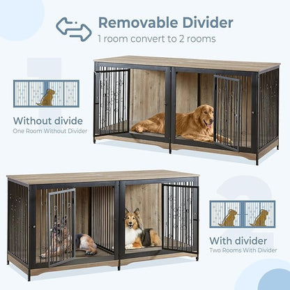 71'' Dog Crate Furniture for 2 Dogs, Wooden Double Dog Crate Large Breed with Door, XXL Indoor Dog Kennel TV Stand End Table with Divider for Large Medium Dogs, Grey