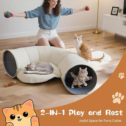 Pawaboo 2-in-1 Cat Tunnel Bed for Indoor Cats, 8-Shaped Large Cat Tunnels with Plush Cushions, Foldable Cats Cave Hideout Kitty Toys with Fluffy Balls, Donut Tunnel for Kitten Rabbit Ferret,Beige