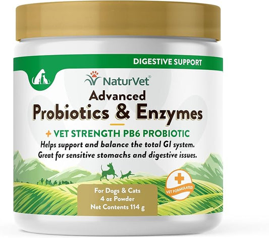 NaturVet  Advanced Probiotics & Enzymes - Plus Vet Strength PB6 Probiotic | Supports and Balances Pets with Sensitive Stomachs & Digestive Issues | for Dogs & Cats (4 oz)
