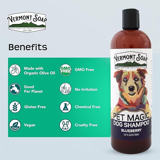 VERMONT SOAP Organics Pet Shampoo - Infused with Organic & Natural Olive Oil, Coconut & Aloe Vera Dog Shampoo for Sensitive Skin - USDA Certified Grooming Pet Shampoo (16oz)