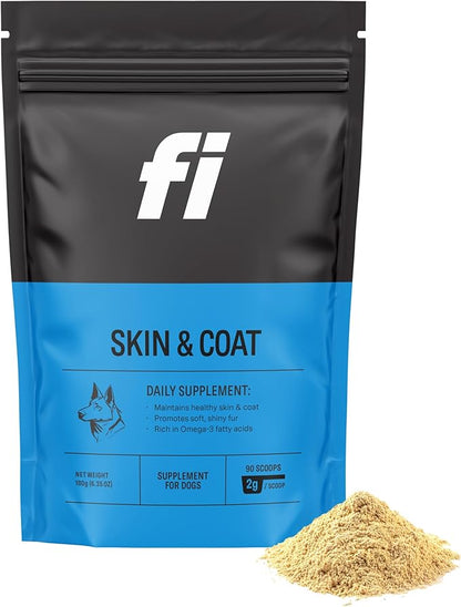 Fi Dog Supplements - Skin & Coat Powder Food Topper | Supports Healthy Skin & Shiny Fur | Omega-3 Fish Oil, Biotin & Zinc | Vet-Formulated Coat Defense Powder for Dogs | 90 Scoops