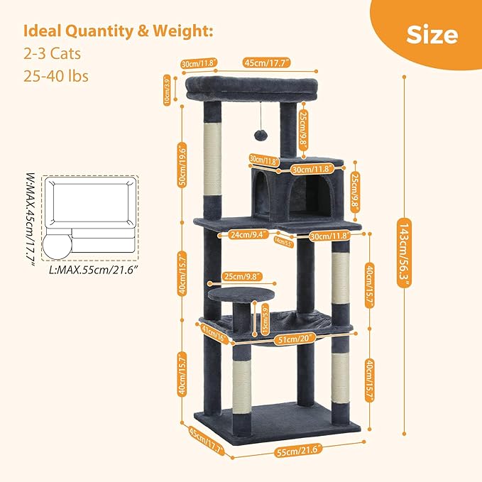 PETEPELA 56.3'' Tall Cat Tree for Indoor Cats, Multi-Level Cat Tower with Super Large Hammock (20''X16''), Sisal Covered Scratching Posts, Cozy Condo and Top Perch, Dark Grey