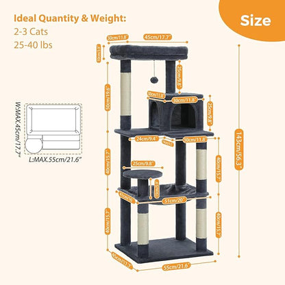 PETEPELA 56.3'' Tall Cat Tree for Indoor Cats, Multi-Level Cat Tower with Super Large Hammock (20''X16''), Sisal Covered Scratching Posts, Cozy Condo and Top Perch, Dark Grey
