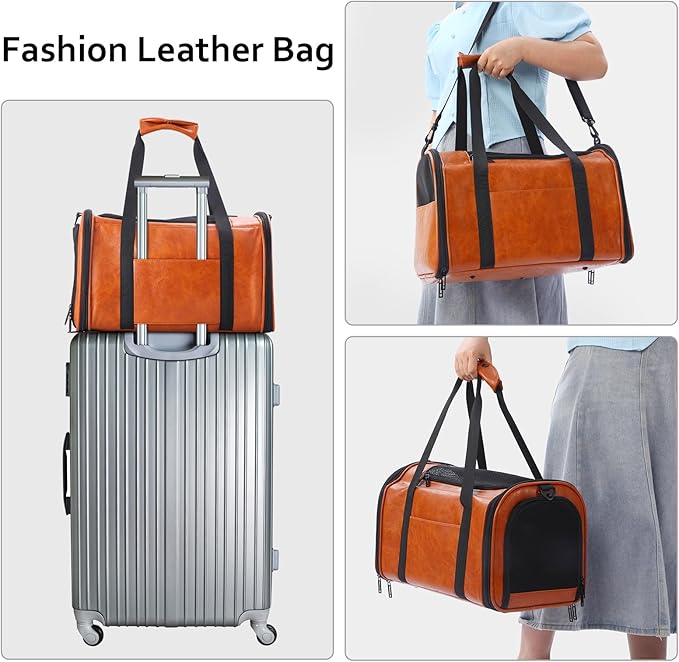 Fashion Leather Dog Carrier Cat Carrier Airline Approved Pet Carrier for Small Medium Dogs Cats Under 15Lbs, Collapsible Soft Sided Travel Puppy Carrier Brown