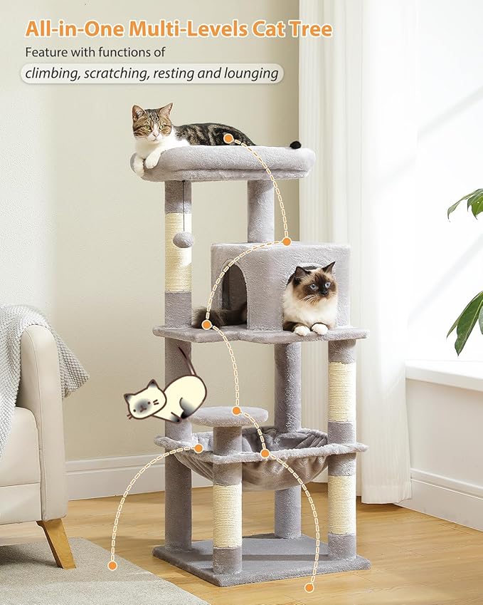 PETEPELA 45.7" Cat Tree for Indoor Cats, 5-Level Cat Tower for Large Cats with Metal Frame Large Hammock (17.3"x15.3"), Cat Condo with (18.5"x13") Big Top Perch & 4 Sisal Covered Scratching Post Grey