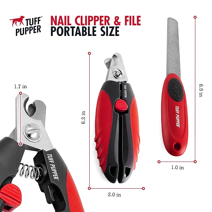Tuff Pupper Dog Nail Clipper | Bonus Free Nail File | Razor Sharp Stainless Steel Blades | Protective Safety Guard Prevents Over-Cutting | Sturdy Non Slip Handles for Safe Grooming | Medium Large Dogs