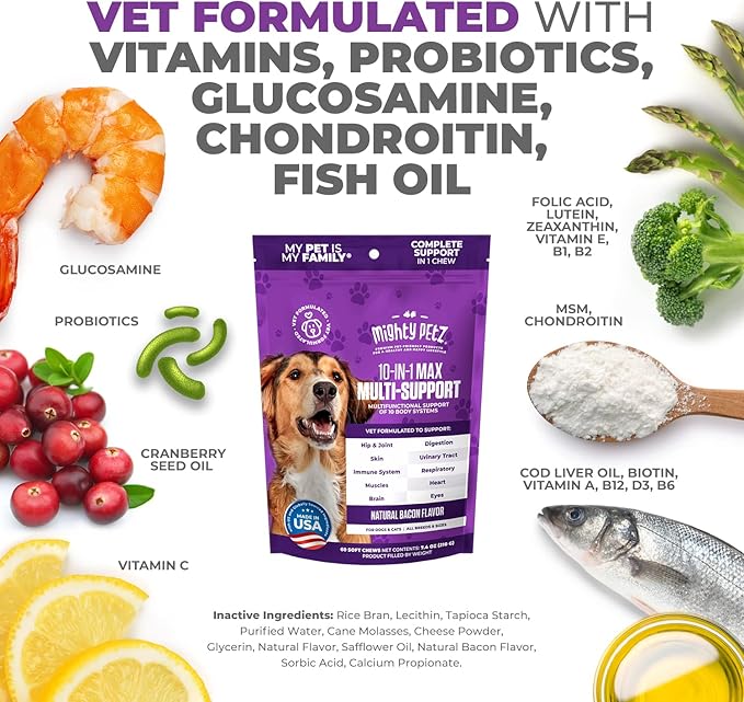 Mighty Petz MAX Dog Multivitamin - Senior & Adult Dog Vitamins 10 in 1 Complete Support for Joints, Immunity, Mobility, Gut, Energy, Skin Health, Pet Multivitamin Daily Chewable Supplement