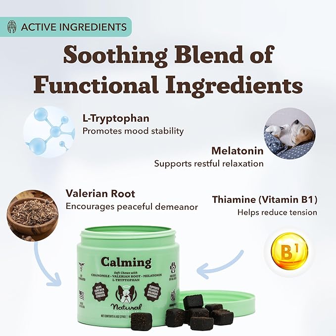 Natural Dog Company Calming Chews for Dogs, Stress & Anxiety Relief Supplement with Chamomile, Valerian Root & Melatonin, Natural Soothing Chews for Travel, Thunder, Fireworks & Separation (90 cnt)